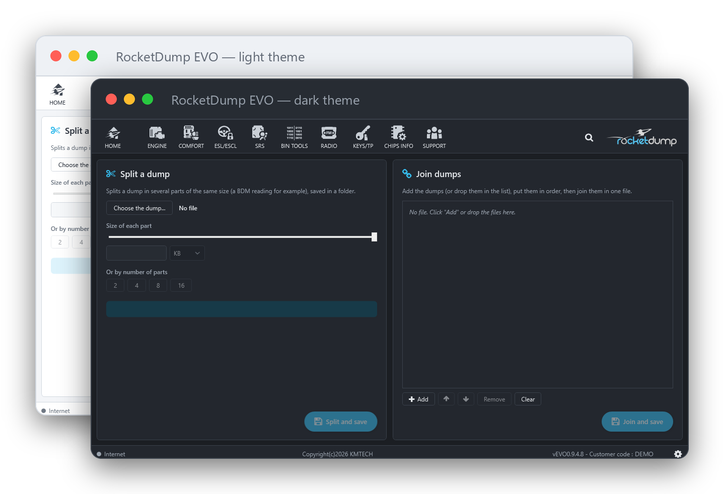 RocketDump EVO — A clear interface, in light or dark theme