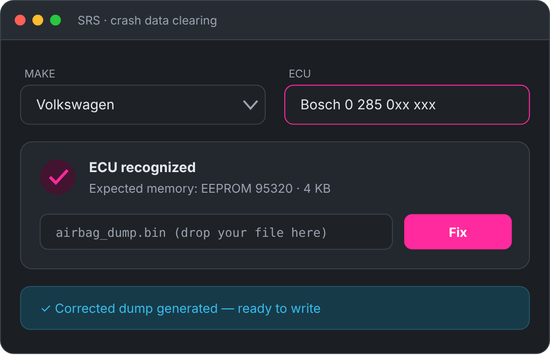 RocketDump EVO — SRS module — crash data clearing