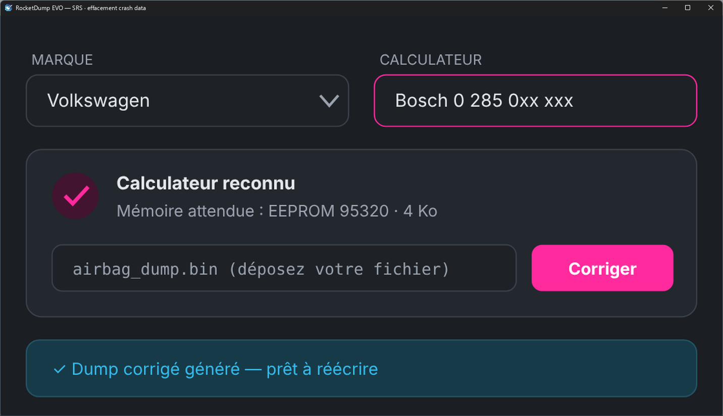 RocketDump EVO — Module SRS — effacement des crash data