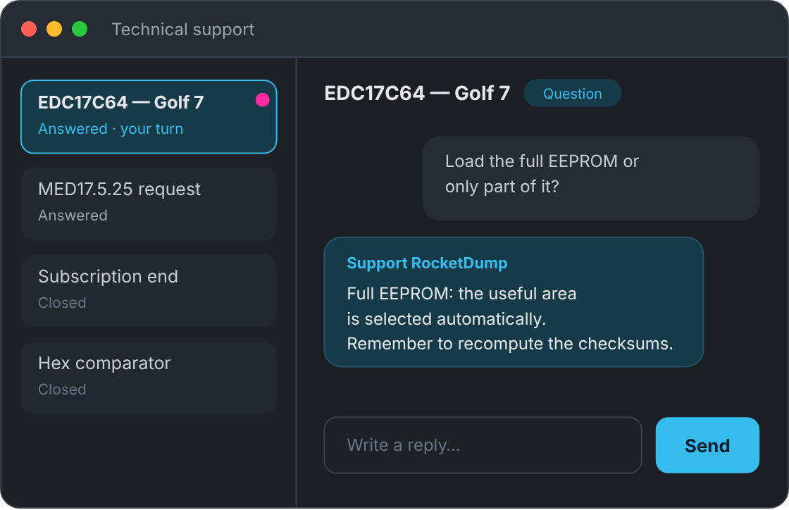 RocketDump EVO — Technical support, right inside RocketDump